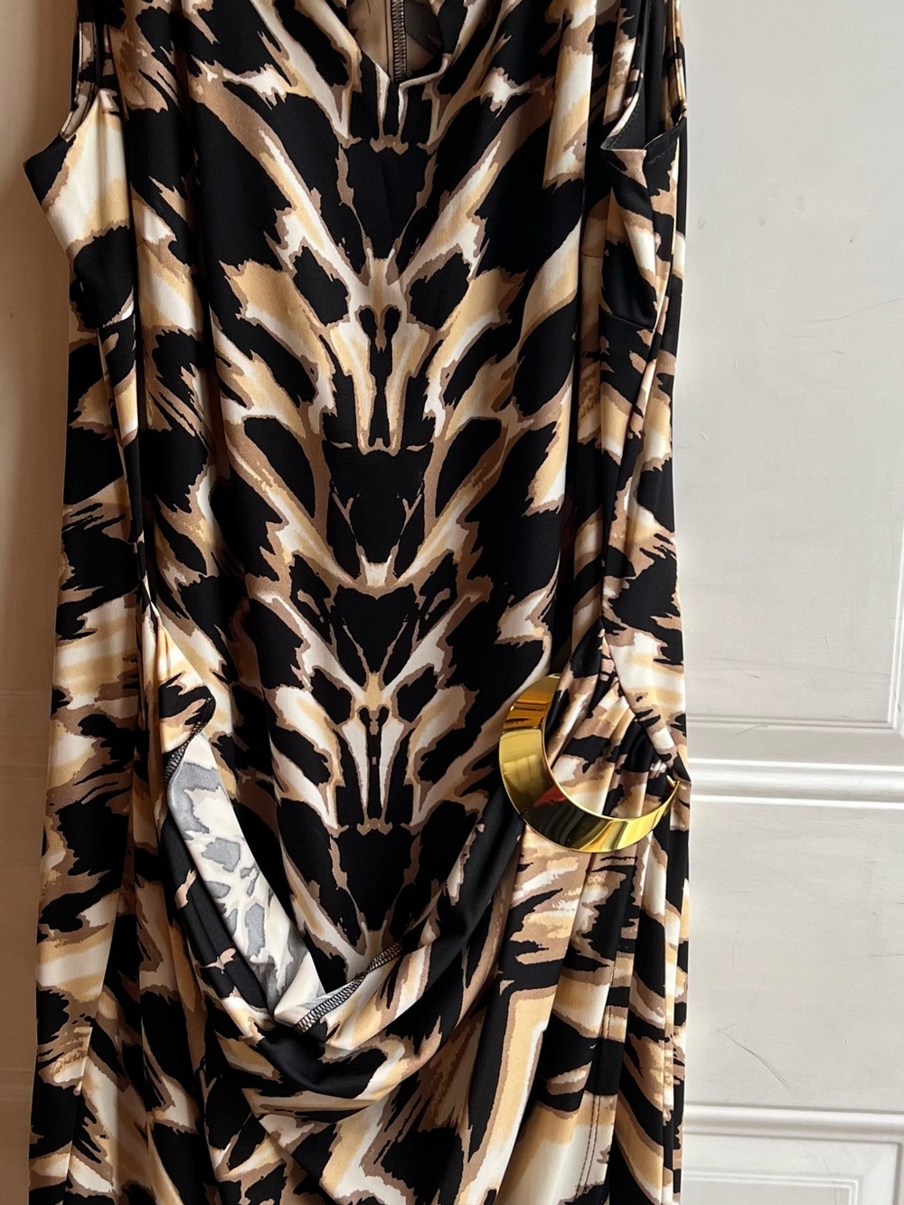 J.B.S. Black and Beige Abstract Asymmetrical Dress with Gold Accent